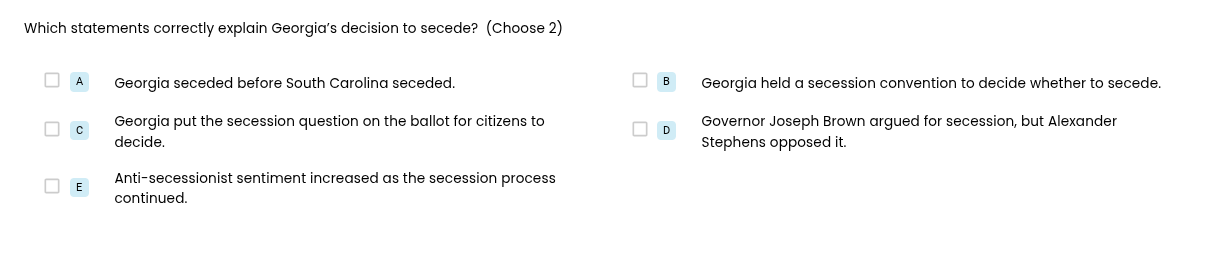 which statements correctly explain georgia’s decision to secede? (choos…