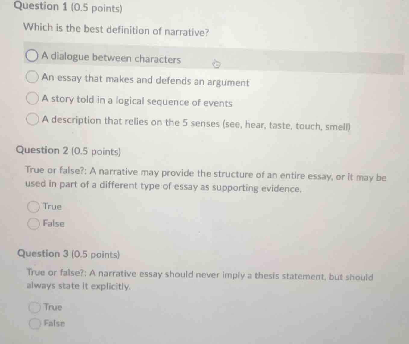 question 1 (0.5 points) which is the best definition of narrative? a di…
