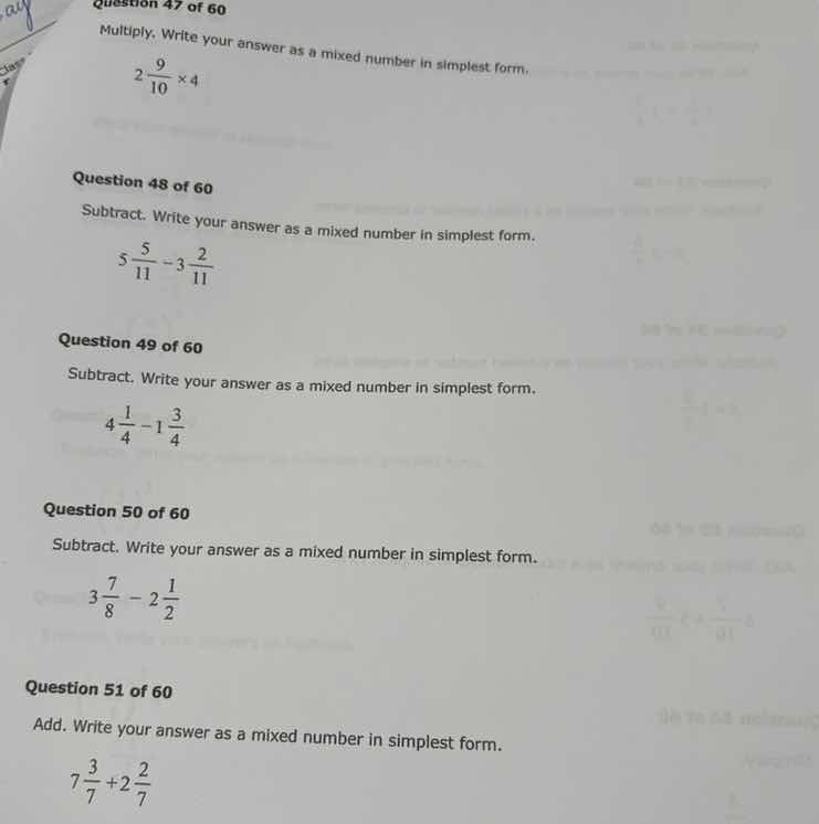question 47 of 60 multiply. write your answer as a mixed number in simp…