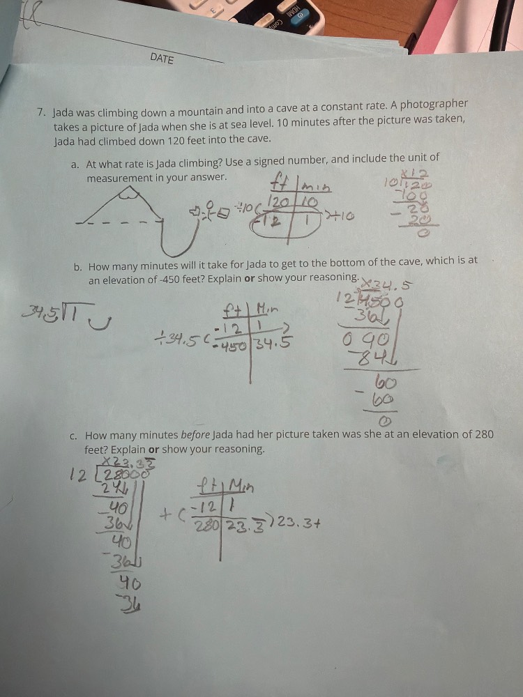 date 7. jada was climbing down a mountain and into a cave at a constant…