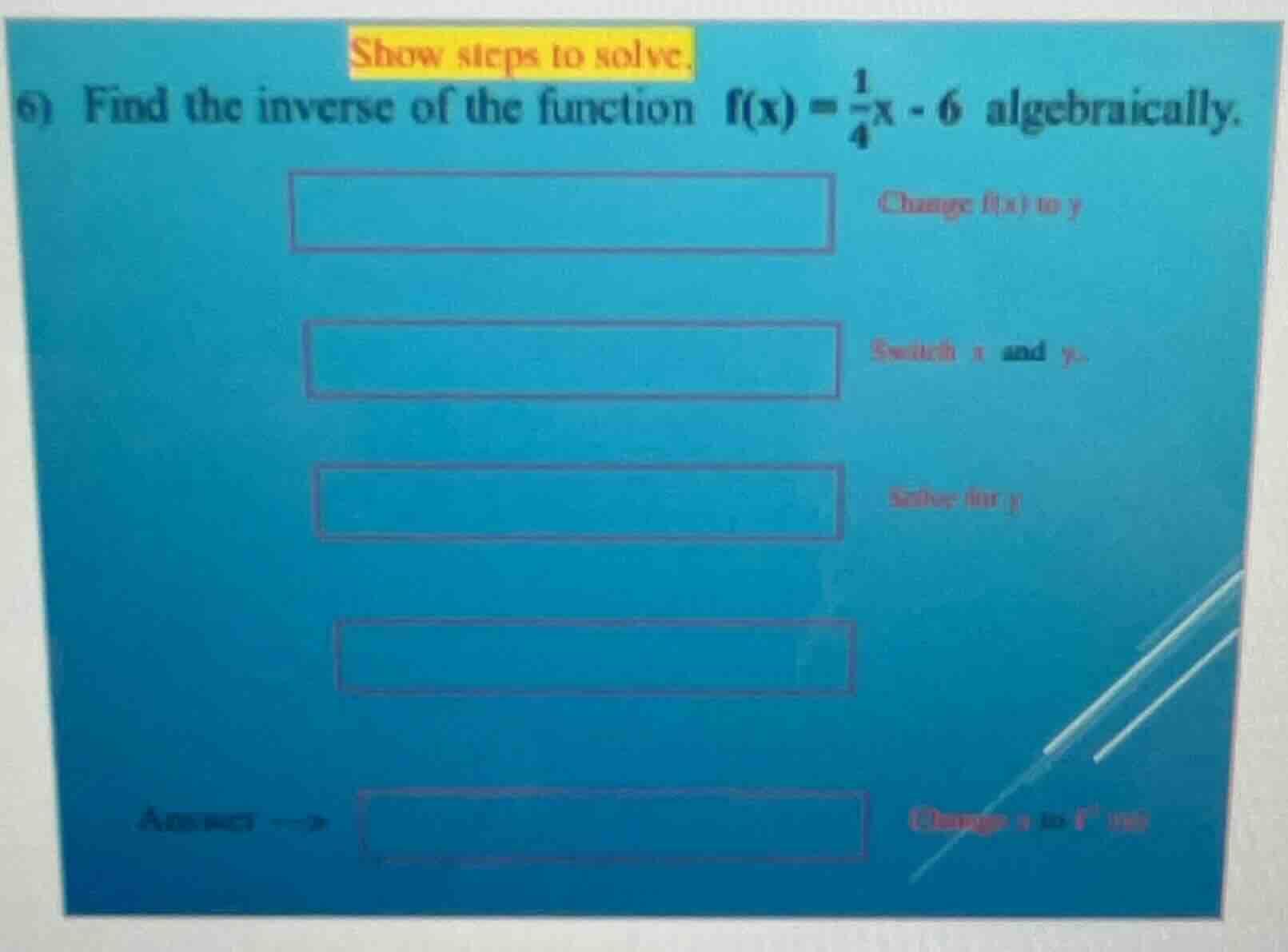 show steps to solve. 6) find the inverse of the function ( f(x) = \frac…