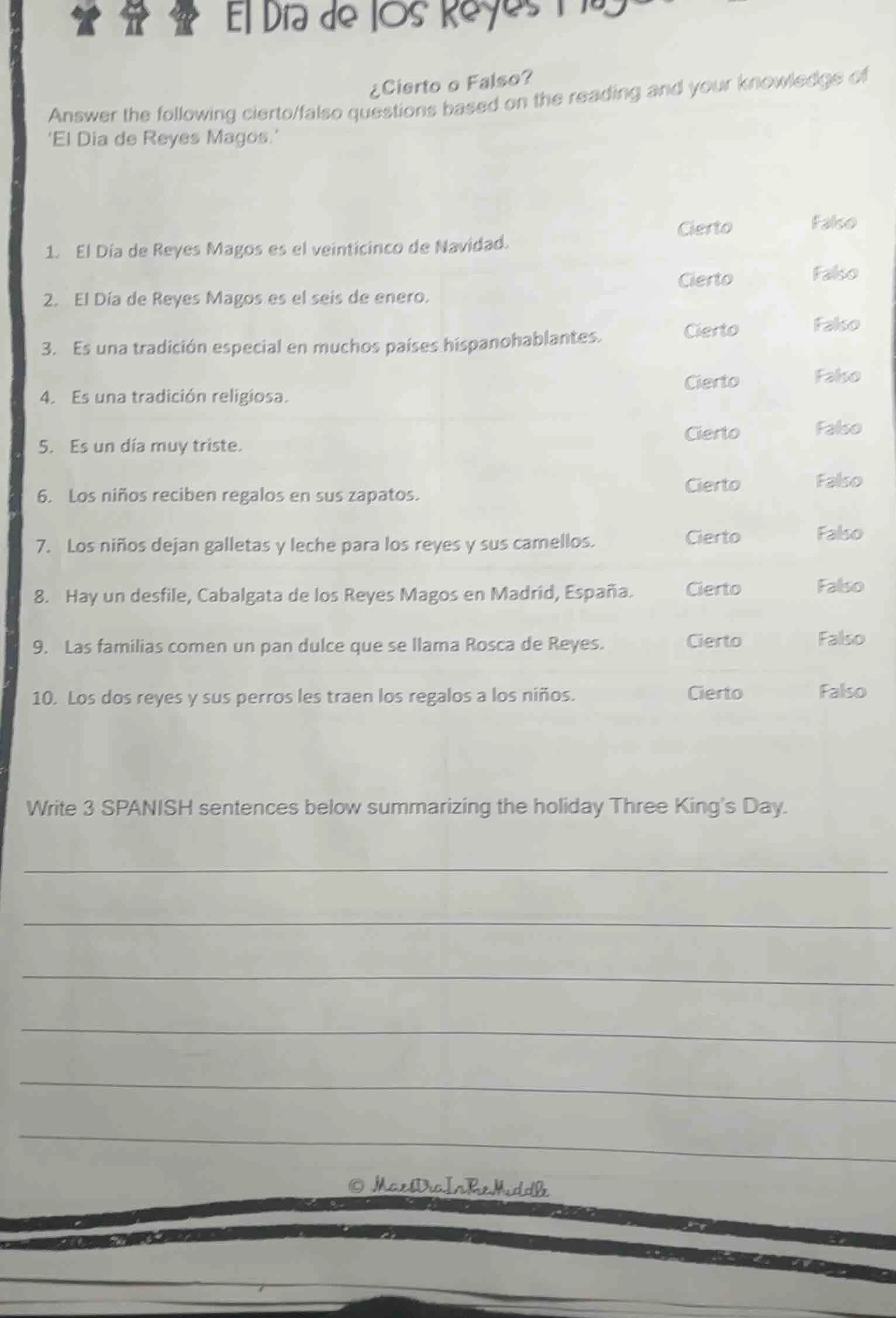 el dia de los reyes ¿cierto o falso? answer the following cierto/falso …