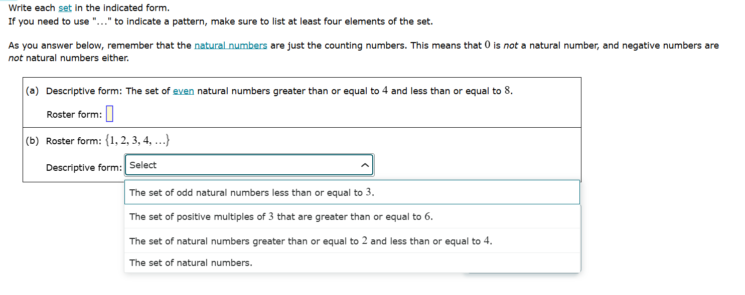 write each set in the indicated form. if you need to use \...\ to indic…