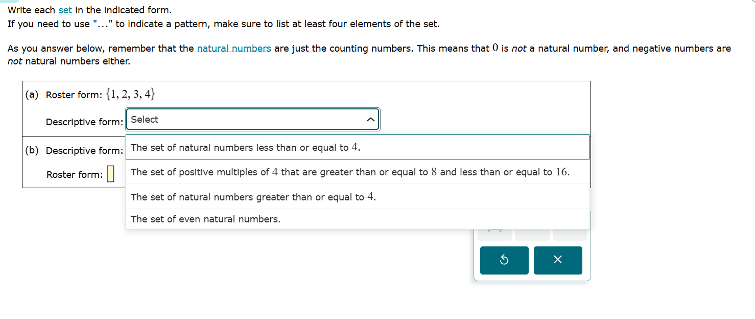 write each set in the indicated form. if you need to use \...\ to indic…