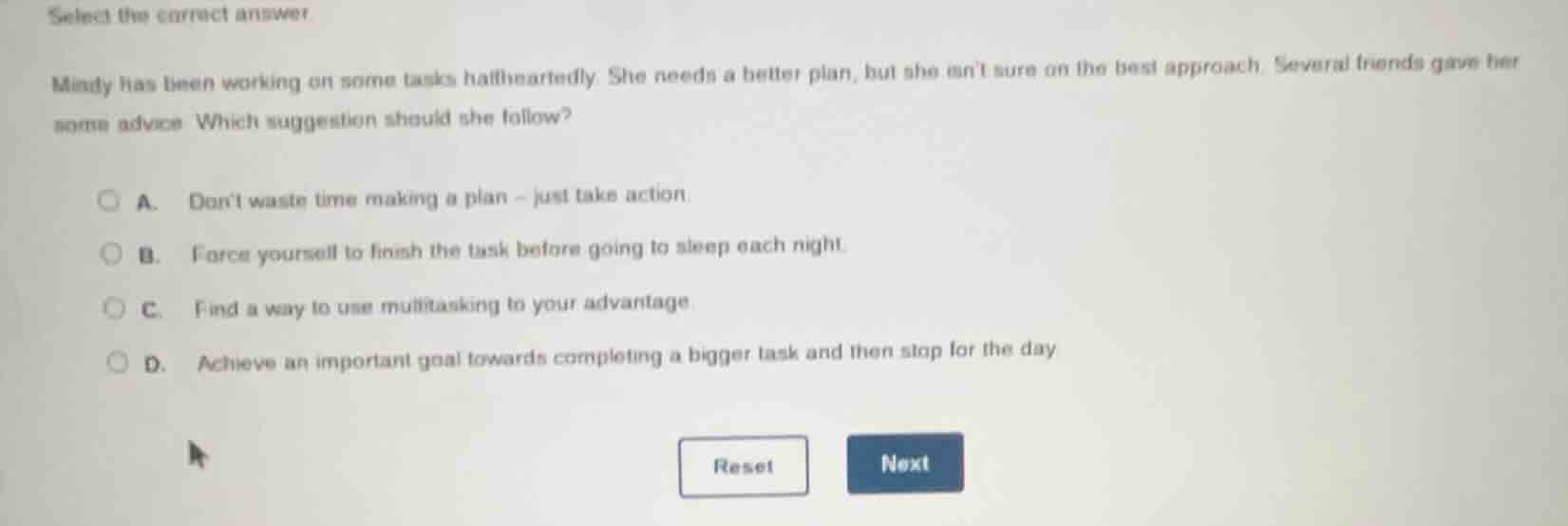 select the correct answer mindy has been working on some tasks halfhear…