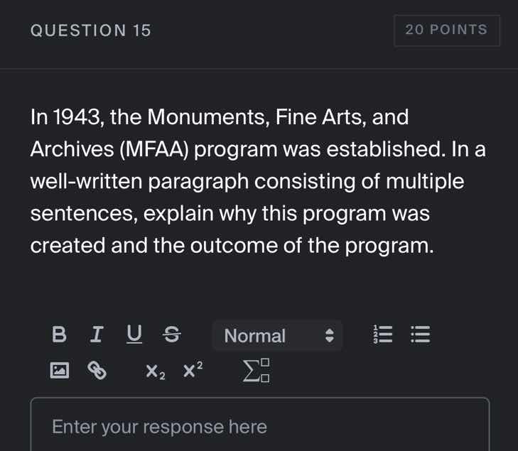 question 15 20 points in 1943, the monuments, fine arts, and archives (…