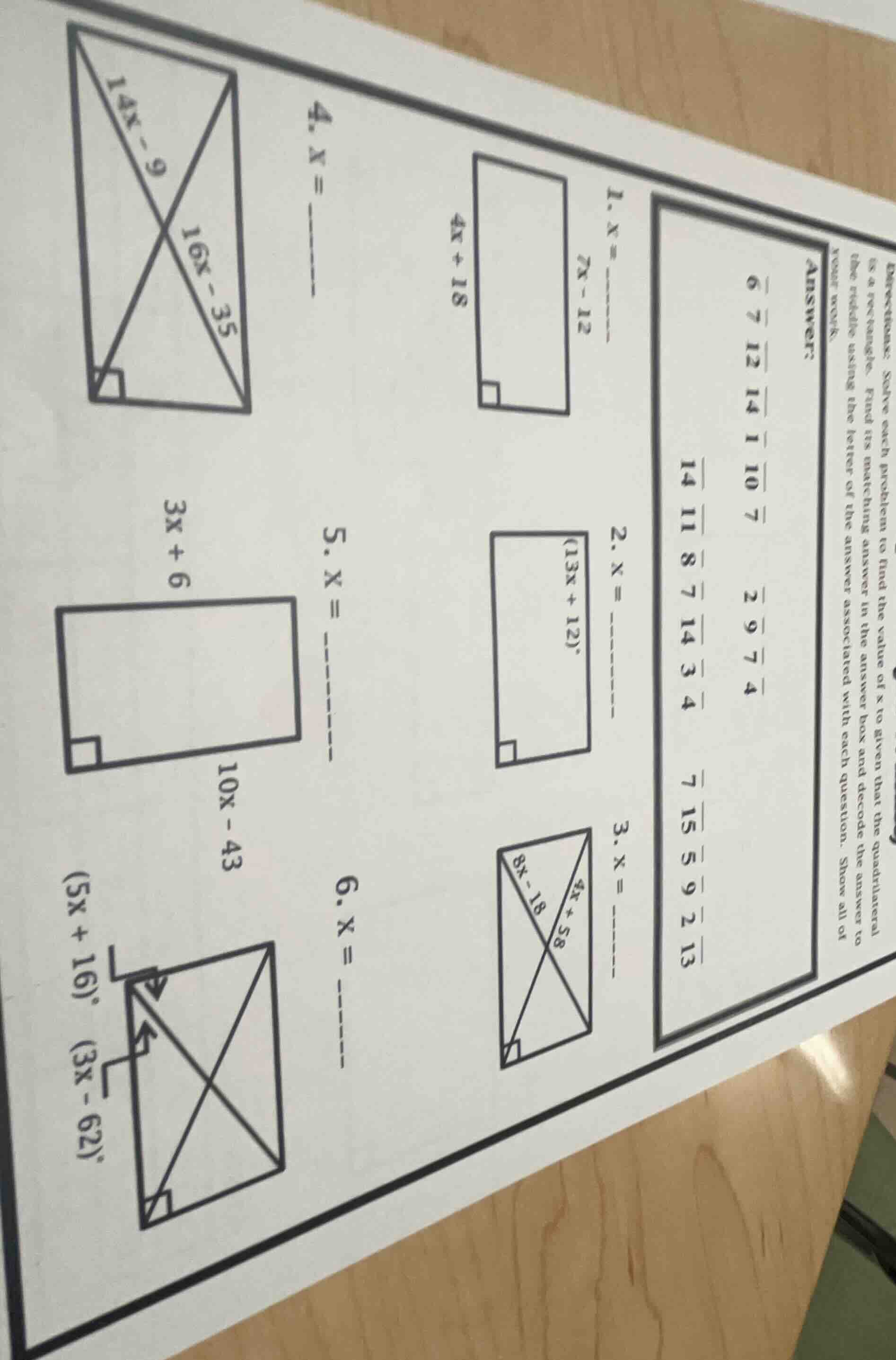 directions: solve each problem to find the value of x to given that the…