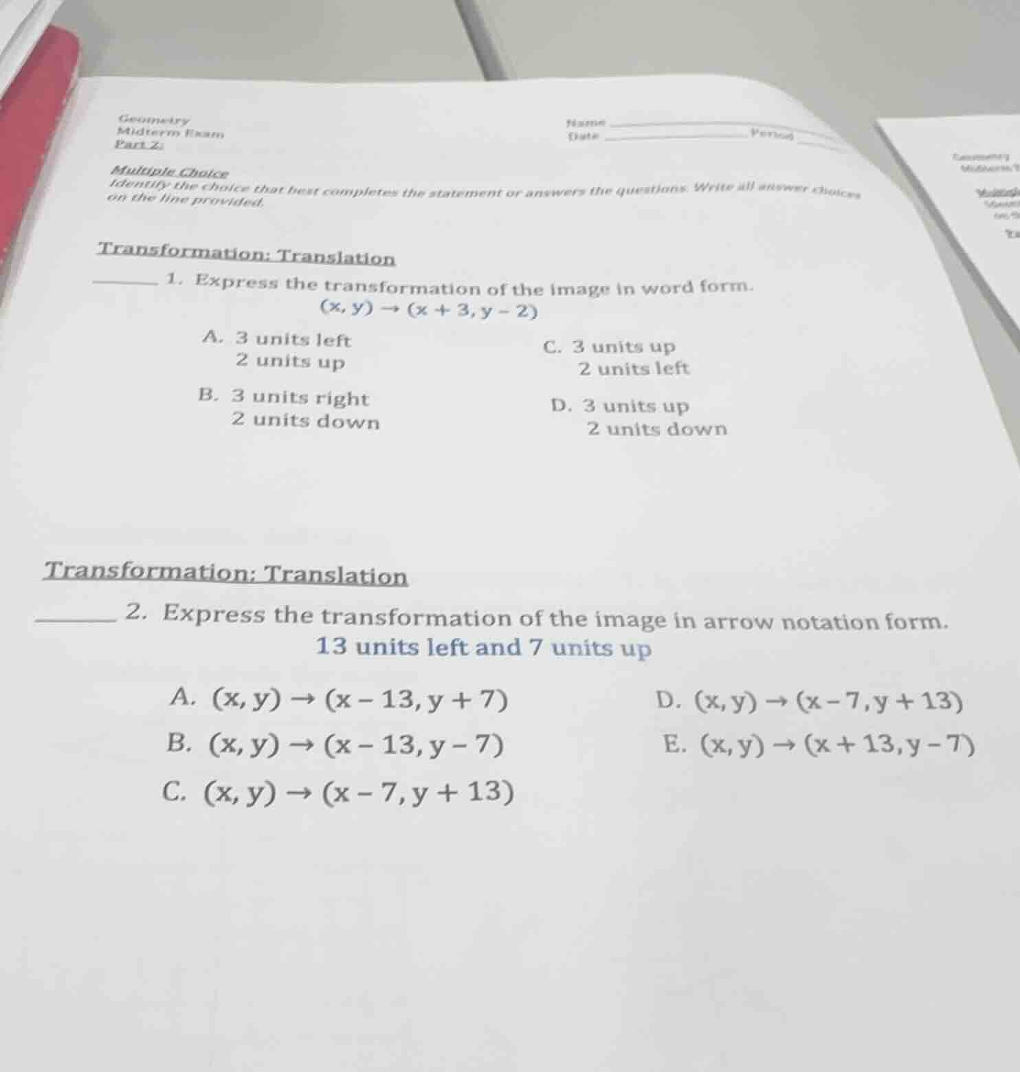 geometry midterm exam part 2: name date period multiple choice identify…