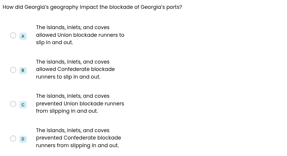 how did georgia’s geography impact the blockade of georgia’s ports? a t…