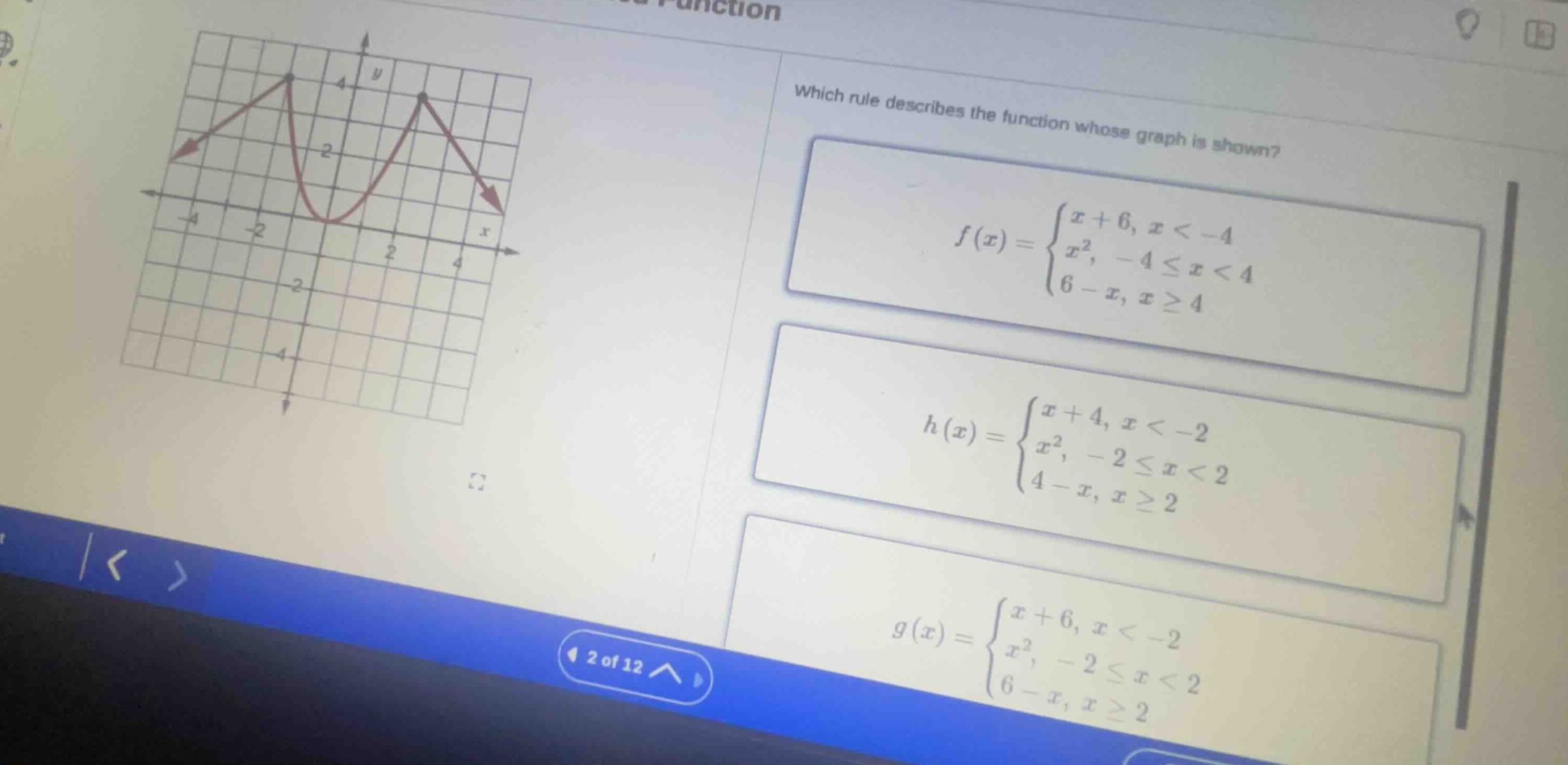 which rule describes the function whose graph is shown? $f(x)=\\begin{c…