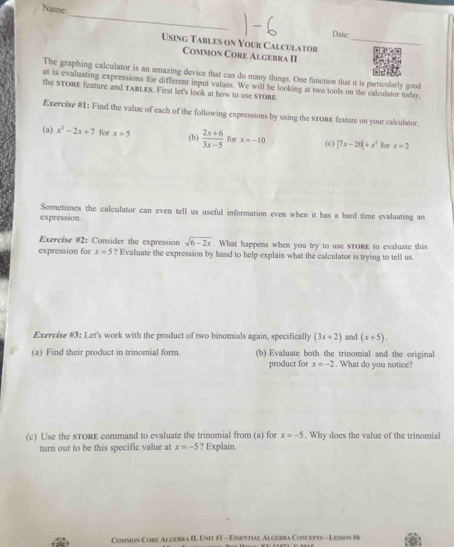 name: date: using tables on your calculator common core algebra ii the …