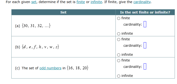 for each given set, determine if the set is finite or infinite. if fini…