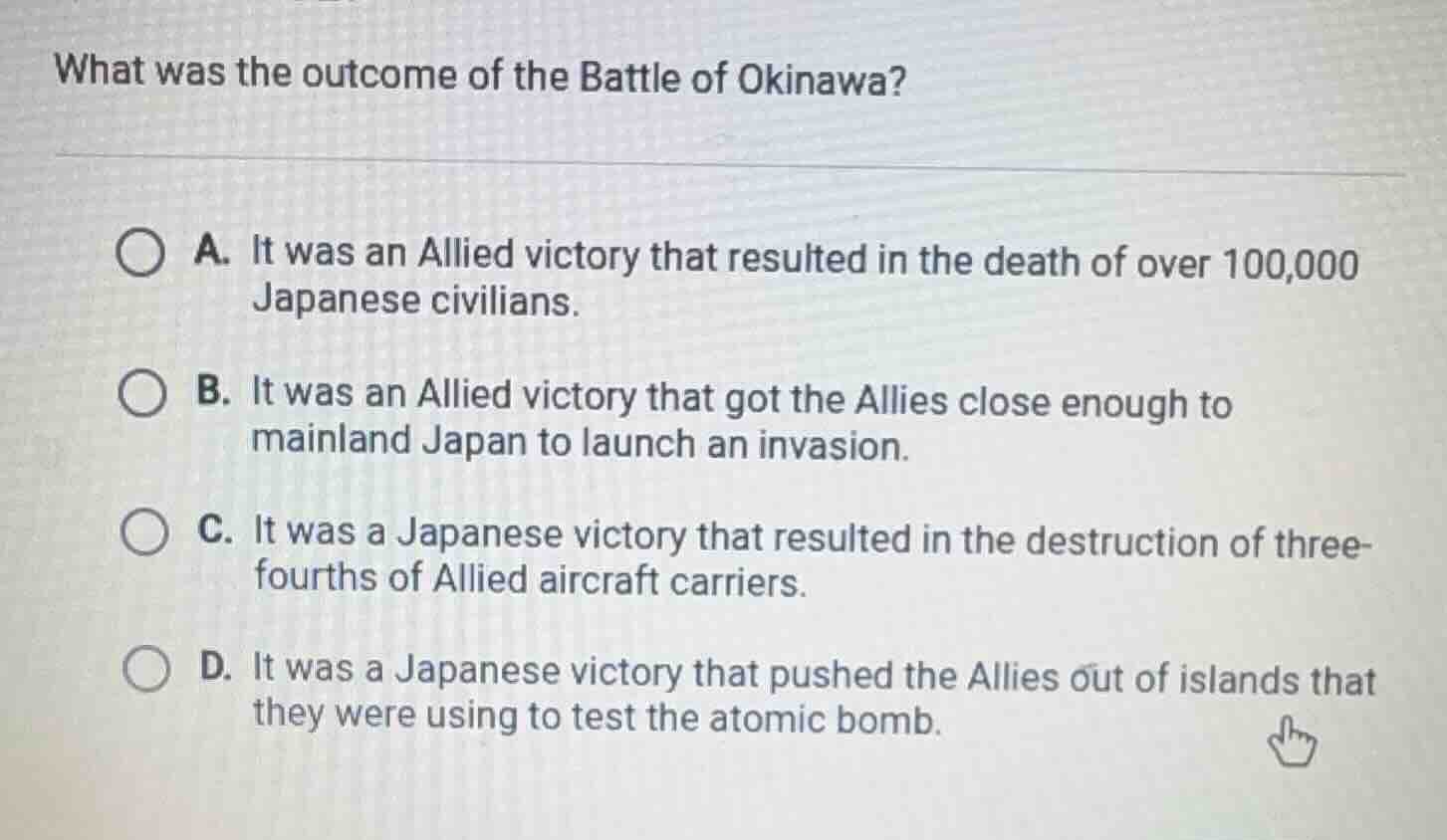 what was the outcome of the battle of okinawa? a. it was an allied vict…