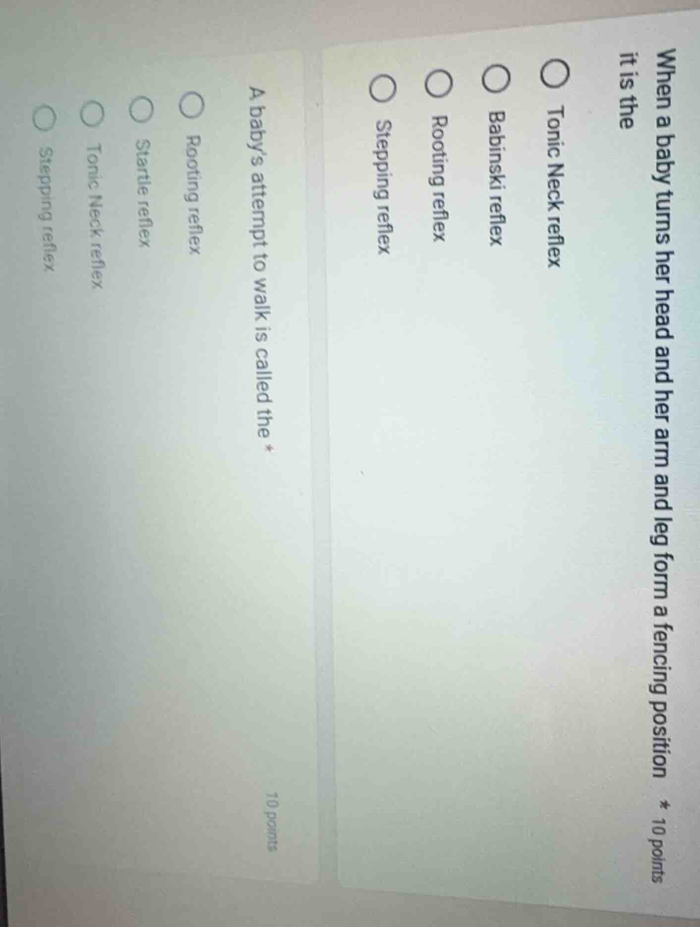 when a baby turns her head and her arm and leg form a fencing position …