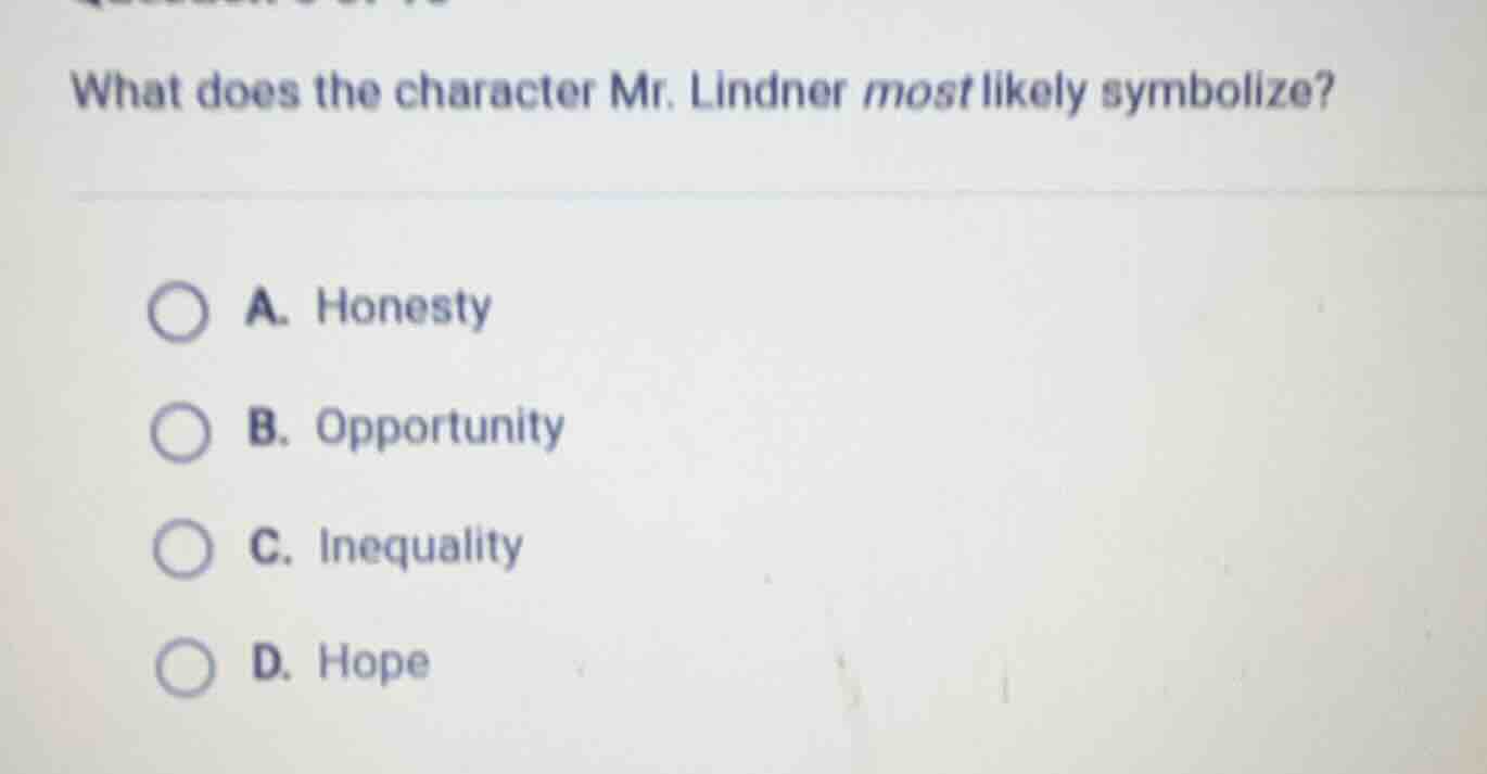 what does the character mr. lindner most likely symbolize? a. honesty b…