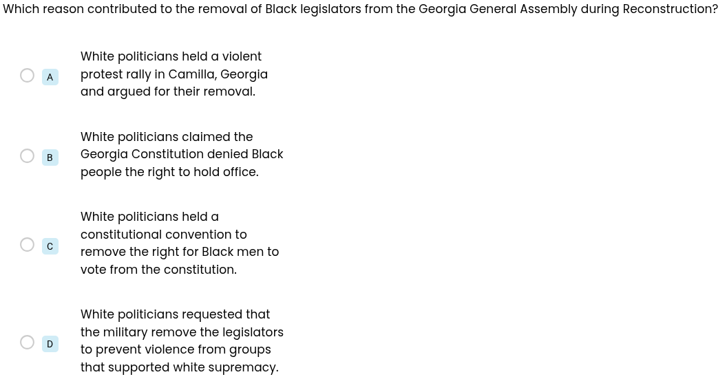 which reason contributed to the removal of black legislators from the g…