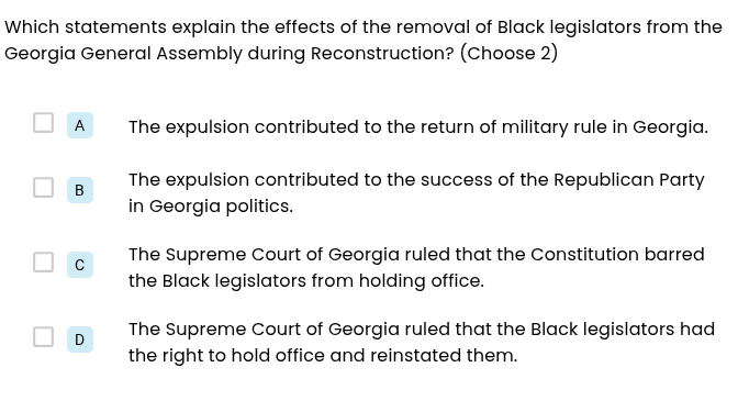 which statements explain the effects of the removal of black legislator…