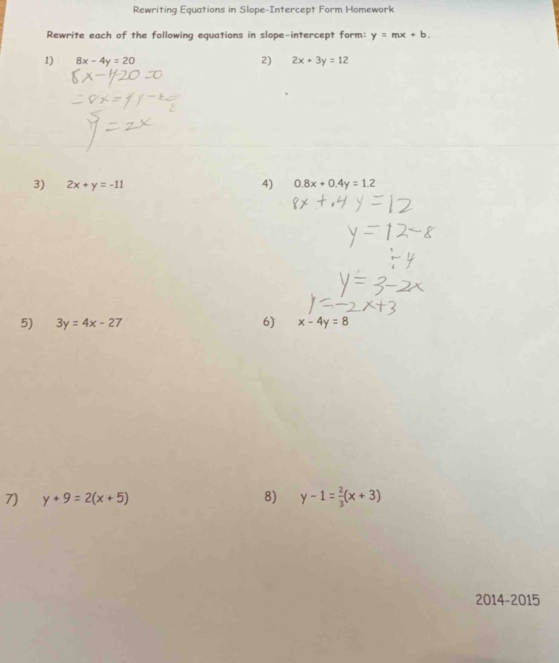 rewriting equations in slope-intercept form homework rewrite each of th…