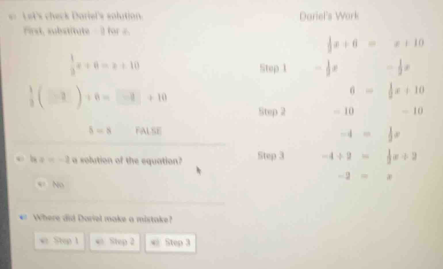 lets check darials solution: first, substitute -2 for x. \\(\\frac{1}{3…