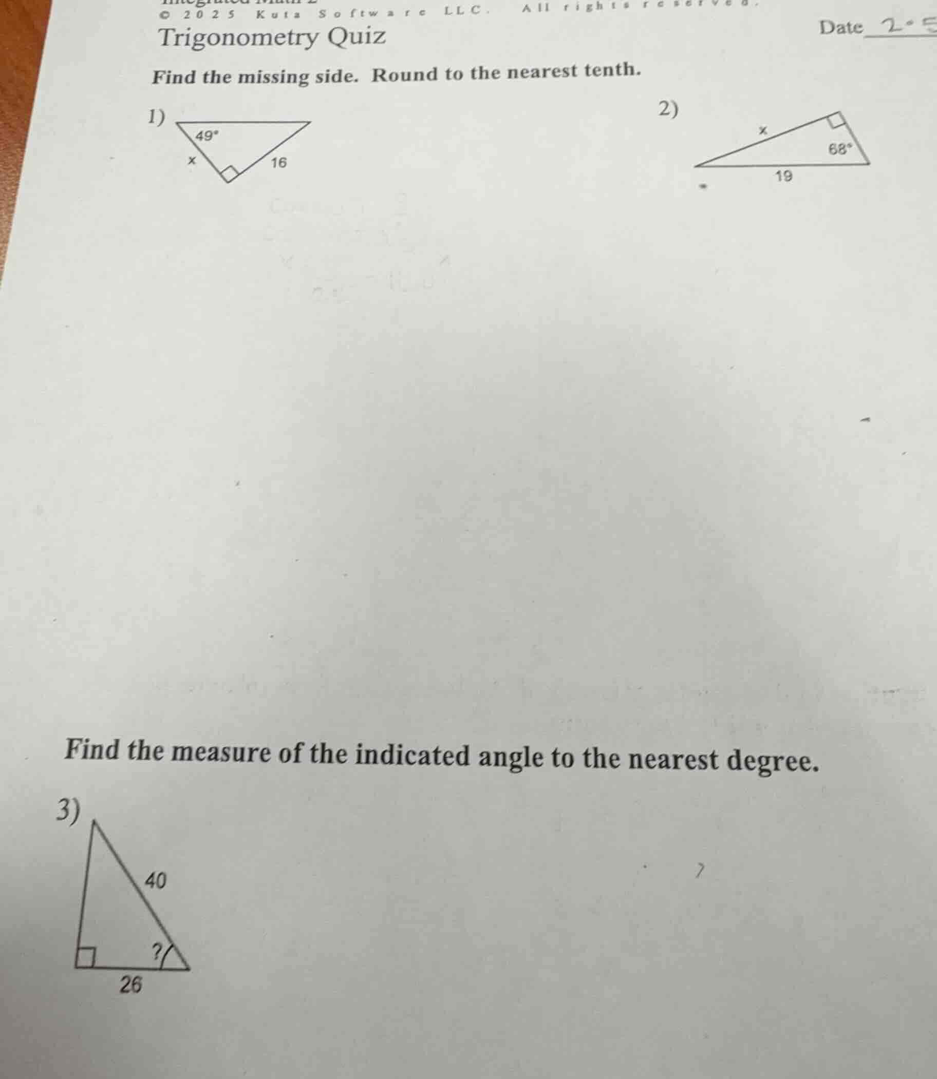 trigonometry quiz find the missing side. round to the nearest tenth. 1)…