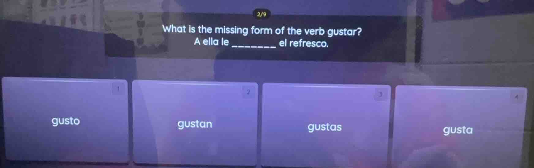 what is the missing form of the verb gustar? a ella le ______ el refres…