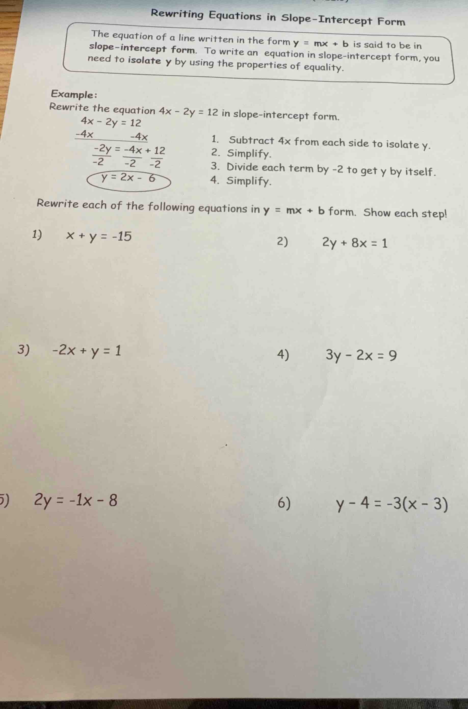 rewriting equations in slope-intercept form the equation of a line writ…