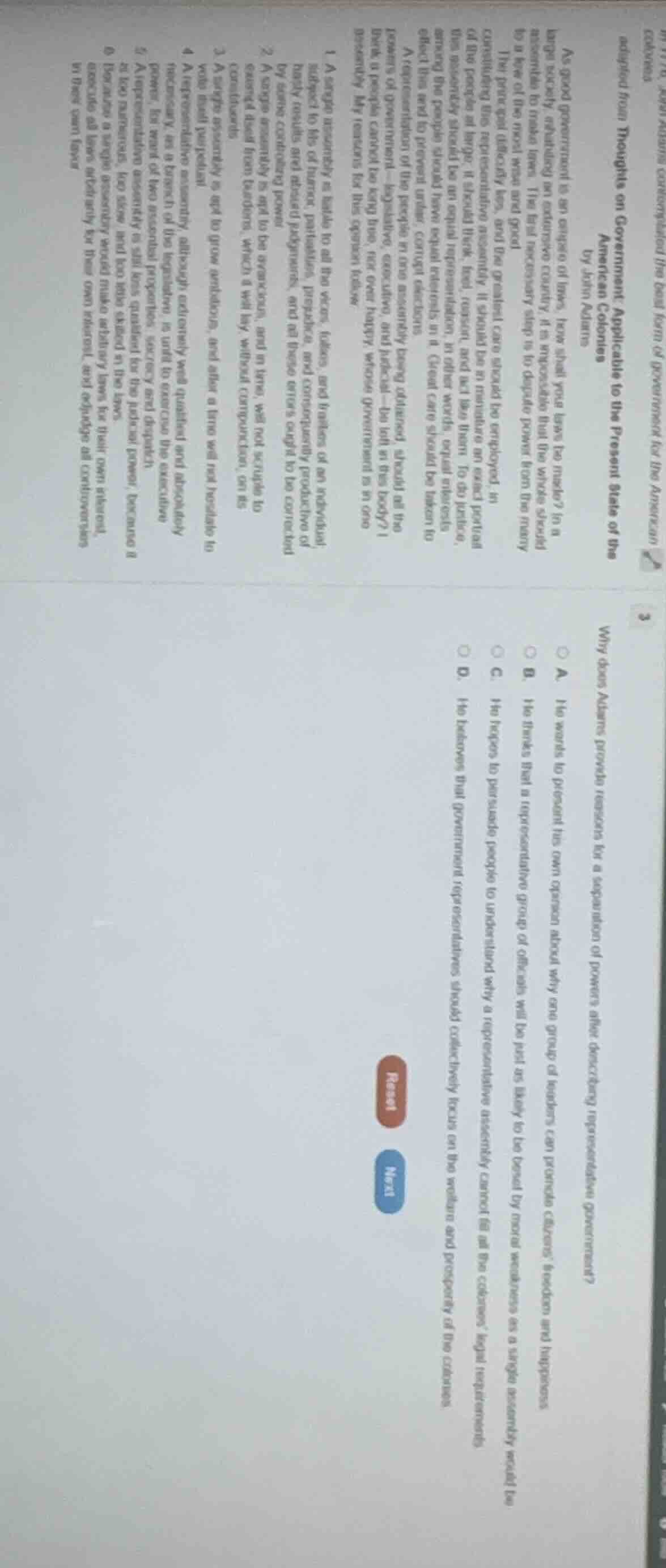 why does adams provide reasons for a separation of powers after describ…