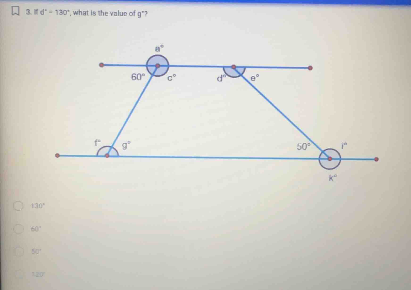 3. if ( d^circ = 130^circ ), what is the value of ( g^circ )?