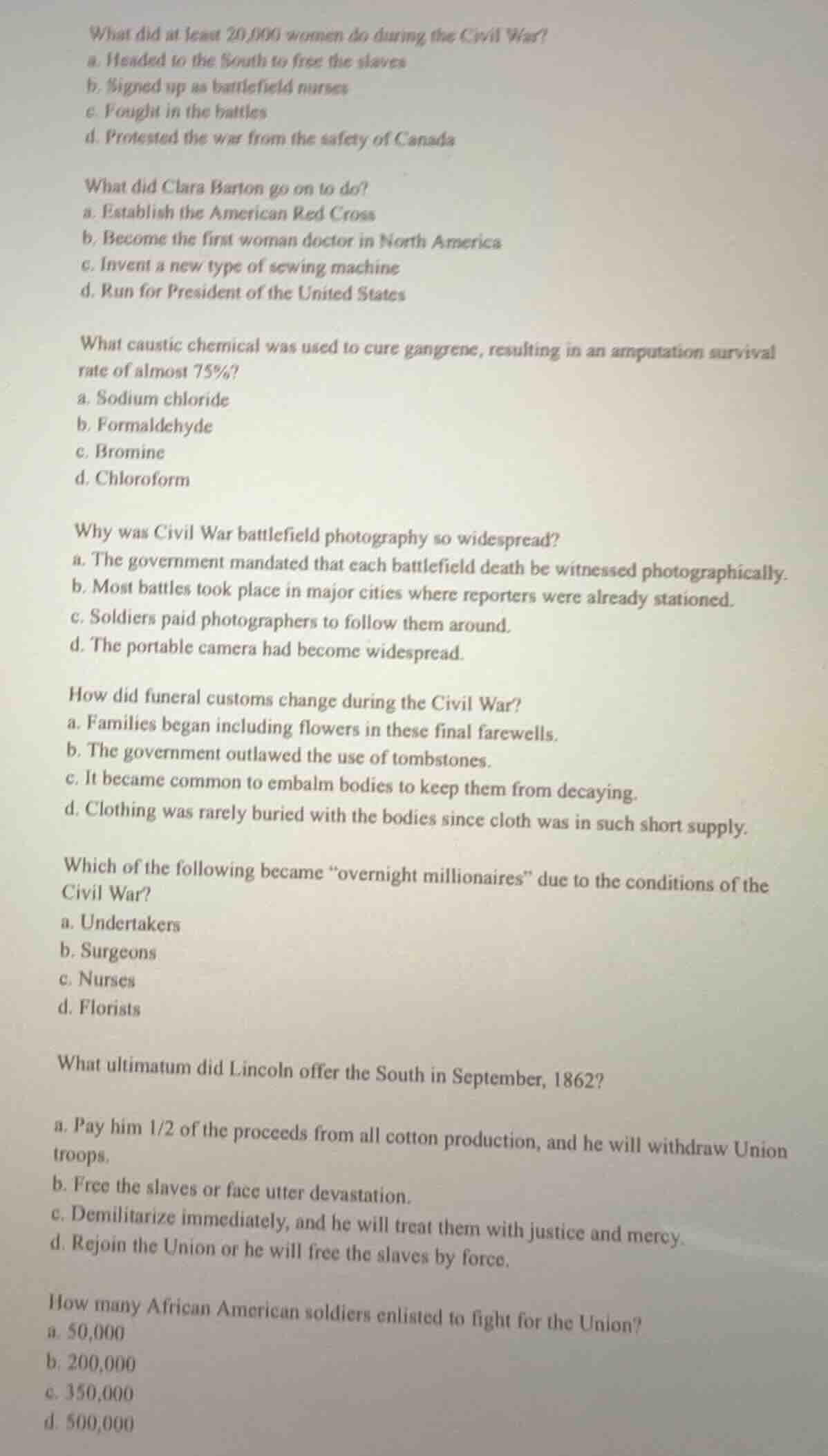 what did at least 20,000 women do during the civil war? a. headed to th…