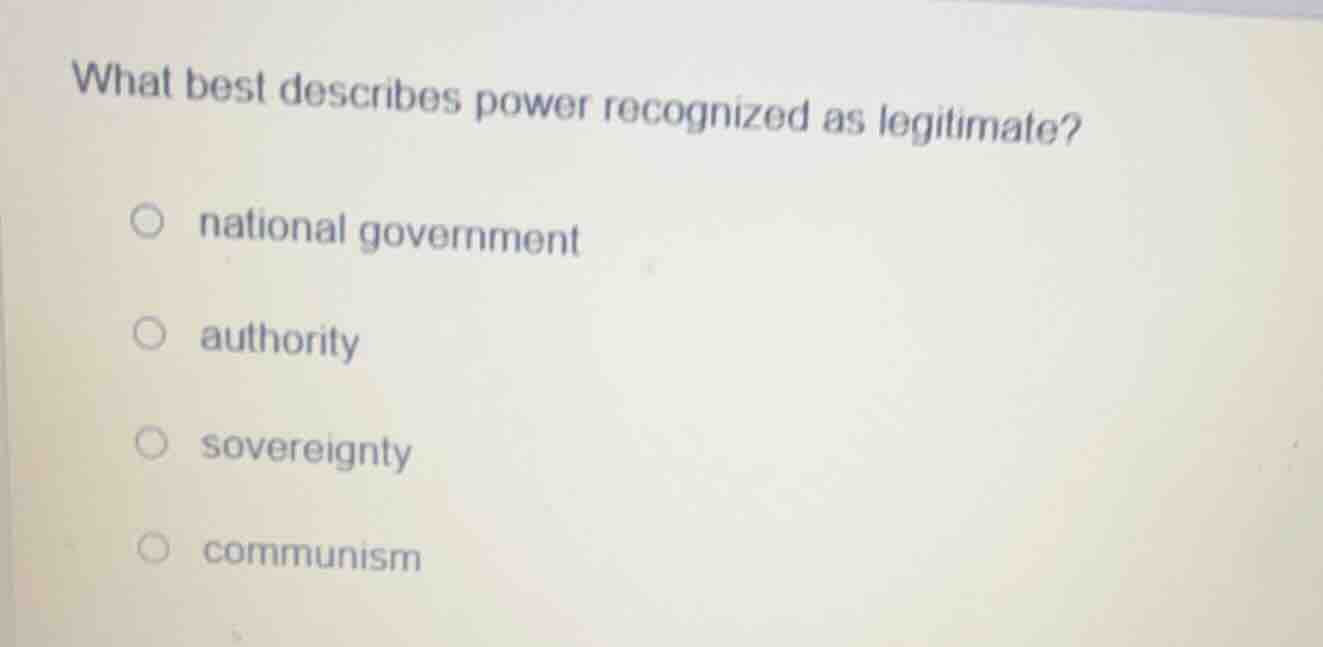 what best describes power recognized as legitimate? national government…