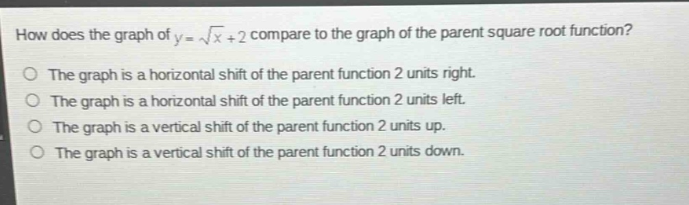 how does the graph of $y = \\sqrt{x} + 2$ compare to the graph of the p…