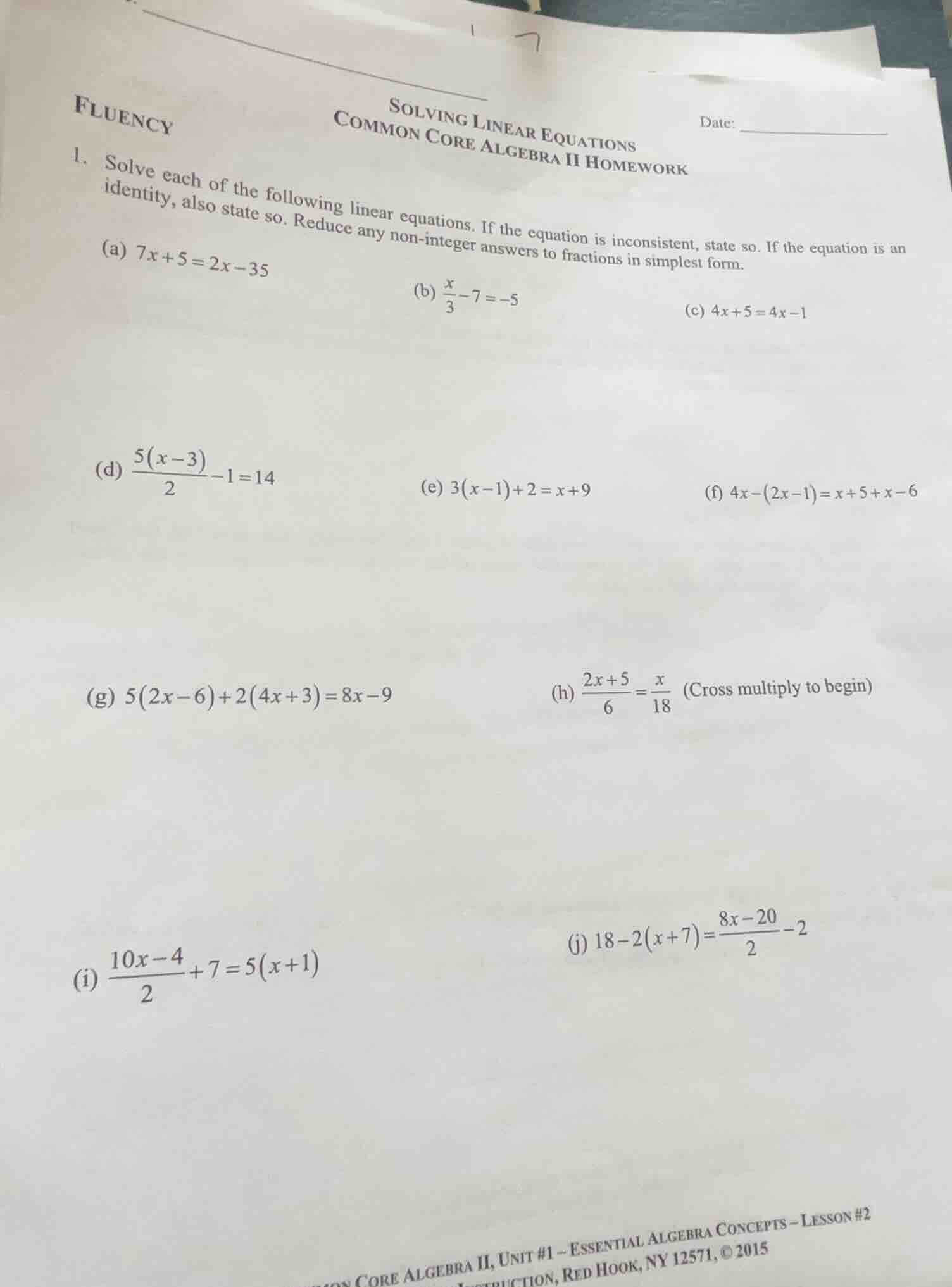 solving linear equations common core algebra ii homework fluency date: …