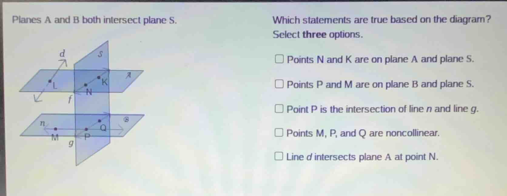 planes a and b both intersect plane s. which statements are true based …