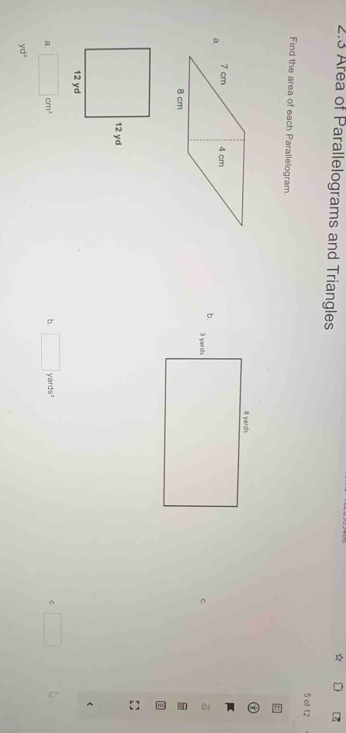 2.3 area of parallelograms and triangles find the area of each parallel…