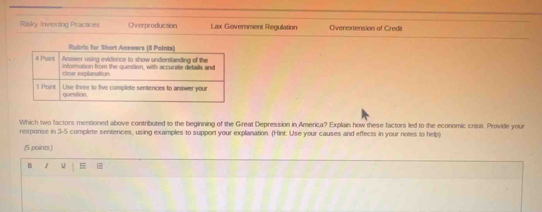 risky investing practices overproduction lax government regulation over…
