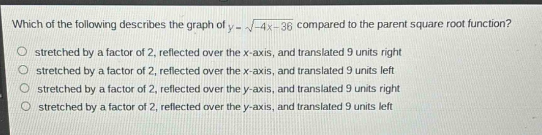 which of the following describes the graph of $y = \\sqrt{-4x - 36}$ co…