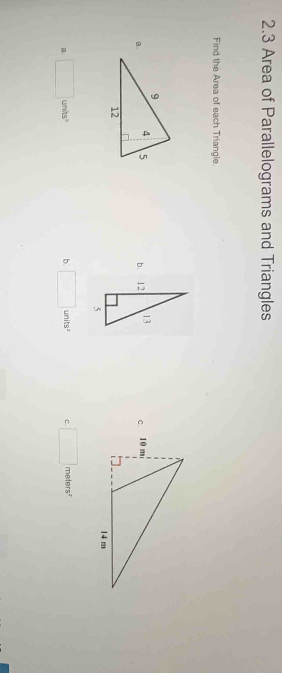 2.3 area of parallelograms and triangles find the area of each triangle…