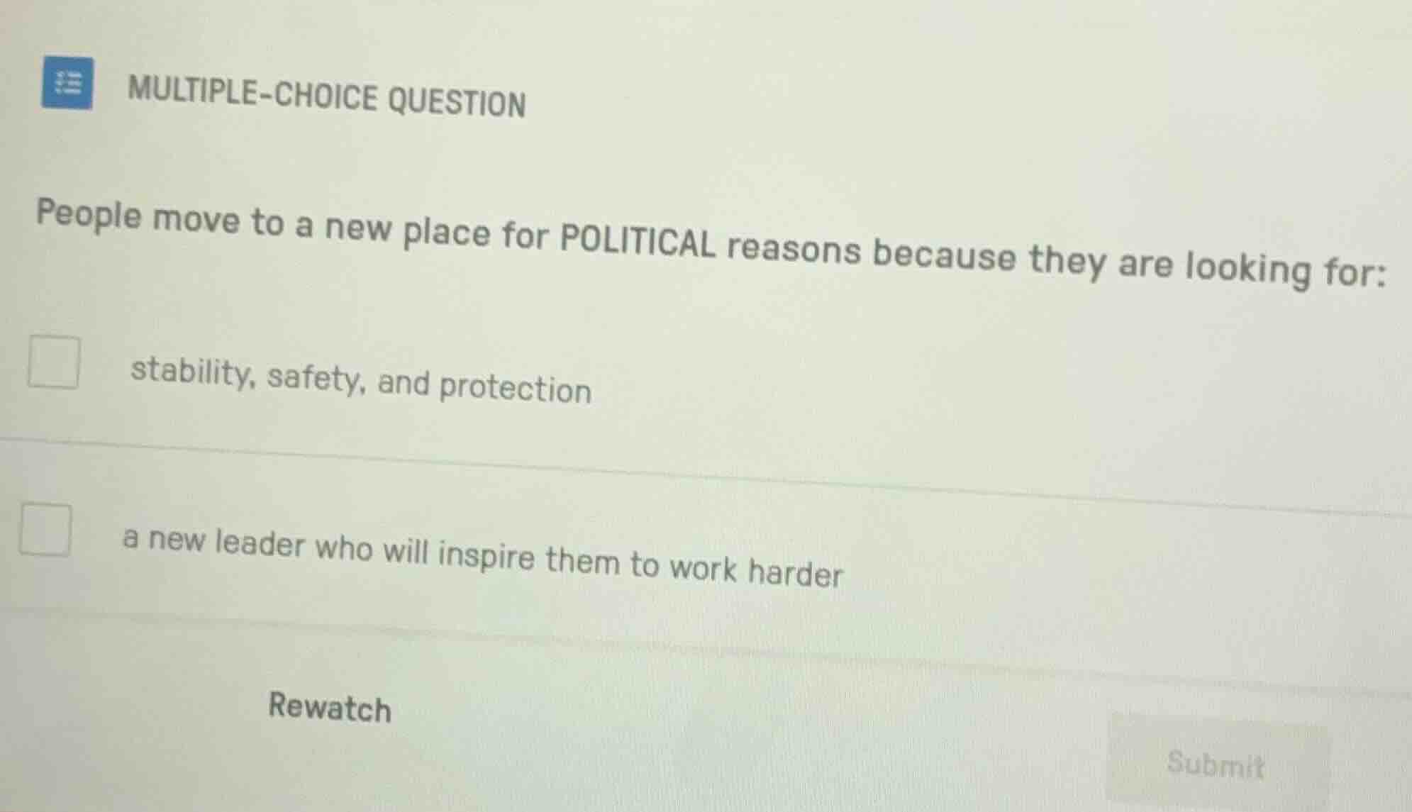 multiple-choice question people move to a new place for political reaso…