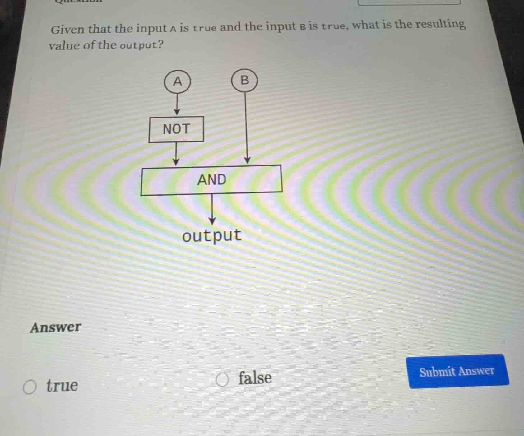given that the input a is true and the input b is true, what is the res…