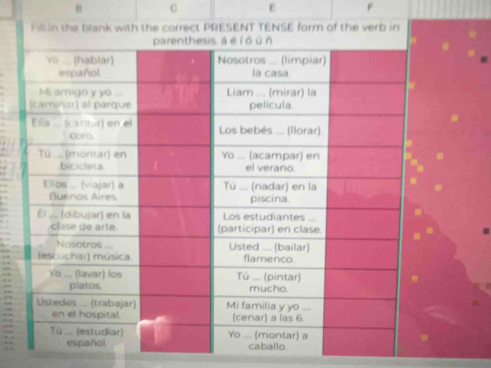 fill in the blank with the correct present tense form of the verb in pa…