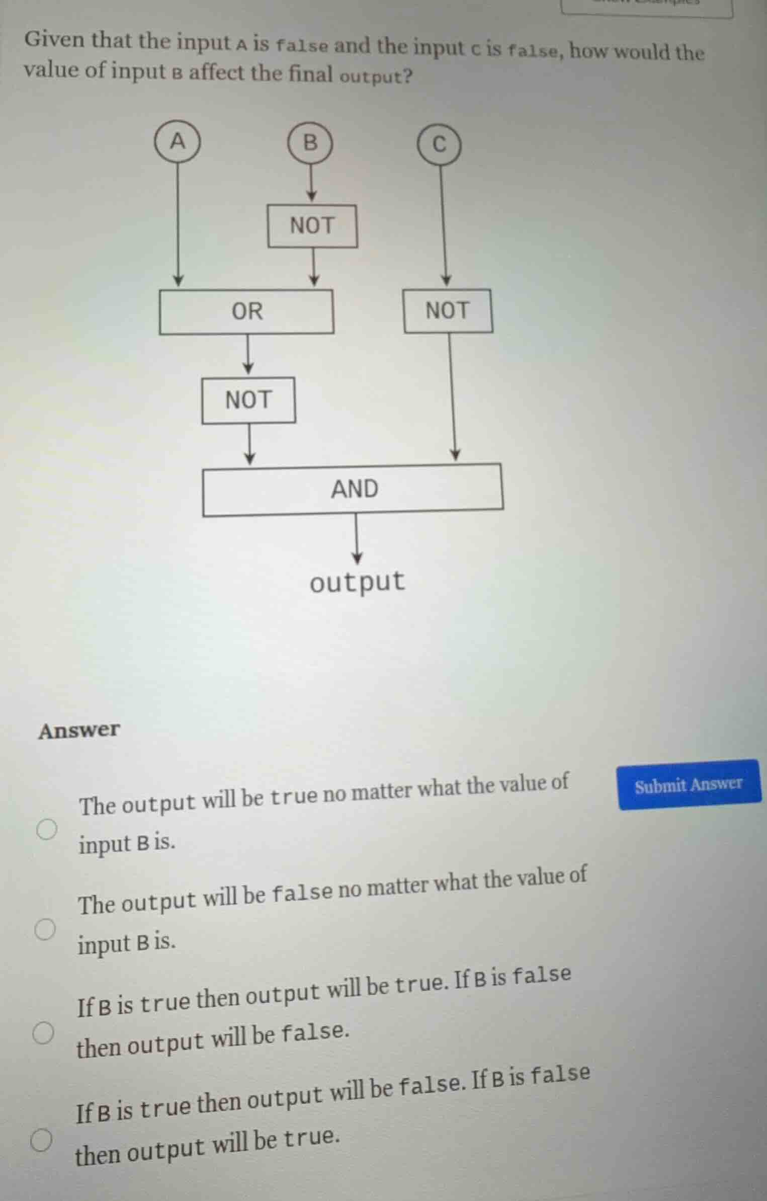 given that the input a is false and the input c is false, how would the…