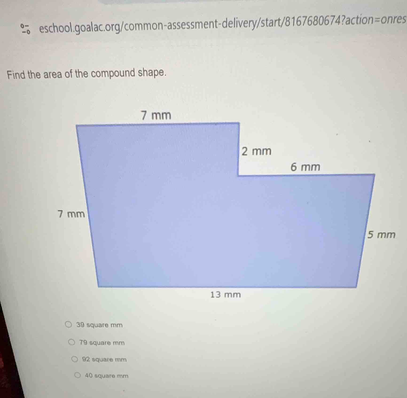 find the area of the compound shape. 7 mm 2 mm 6 mm 7 mm 5 mm 13 mm 39 …