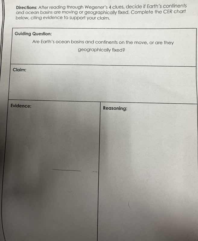 directions: after reading through wegener’s 4 clues, decide if earth’s …