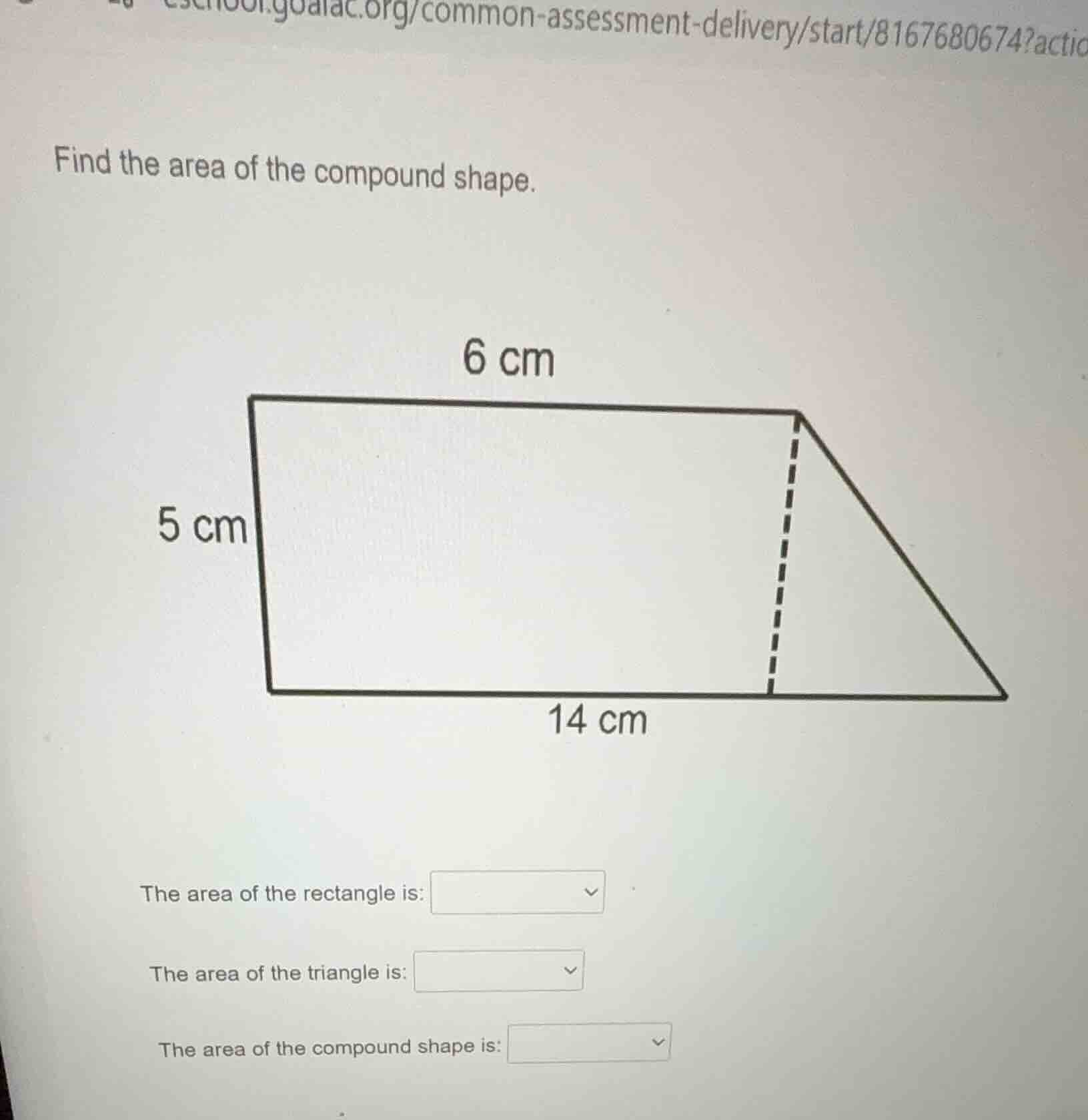 find the area of the compound shape. 6 cm 5 cm 14 cm the area of the re…