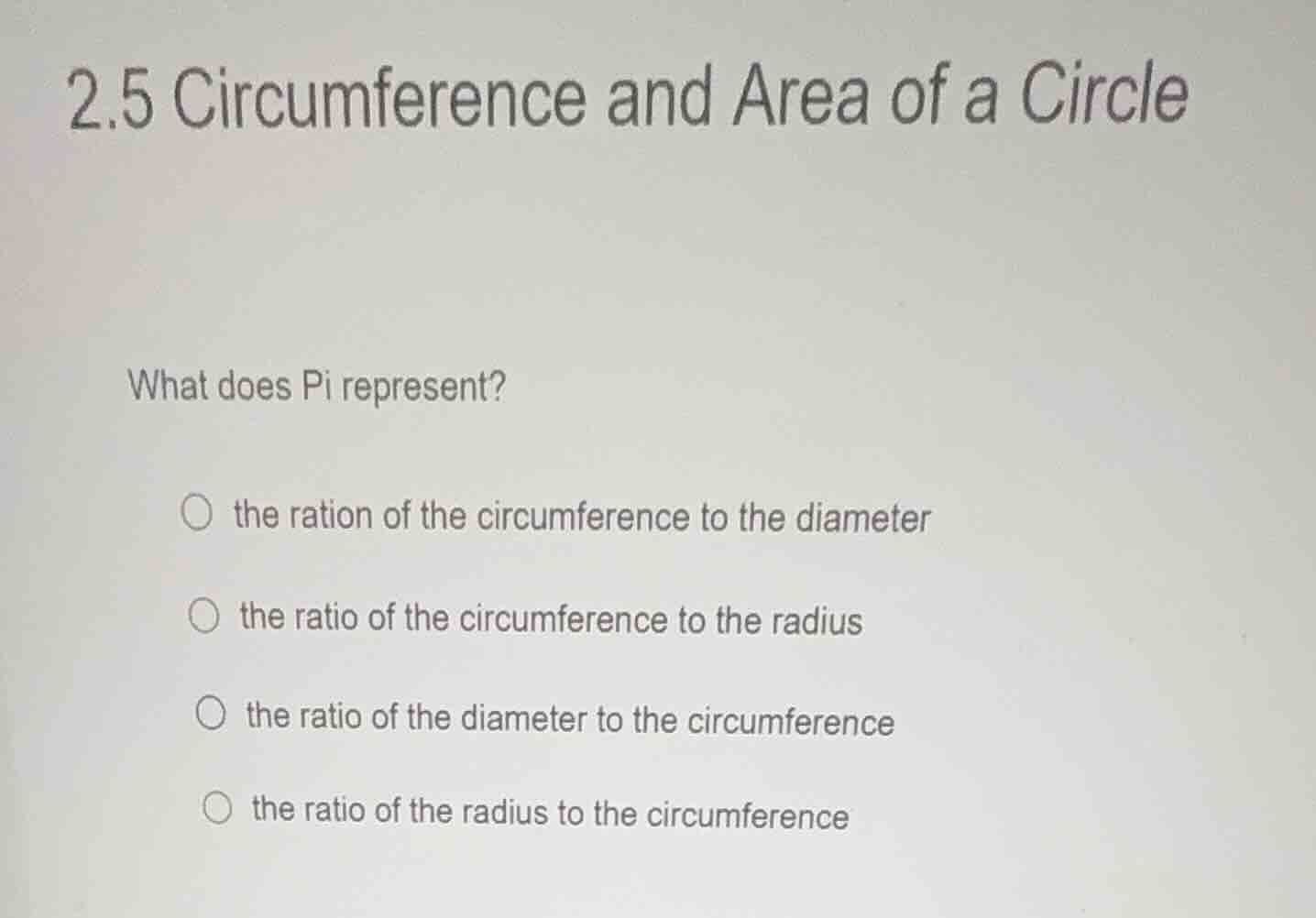 2.5 circumference and area of a circle what does pi represent? the rati…