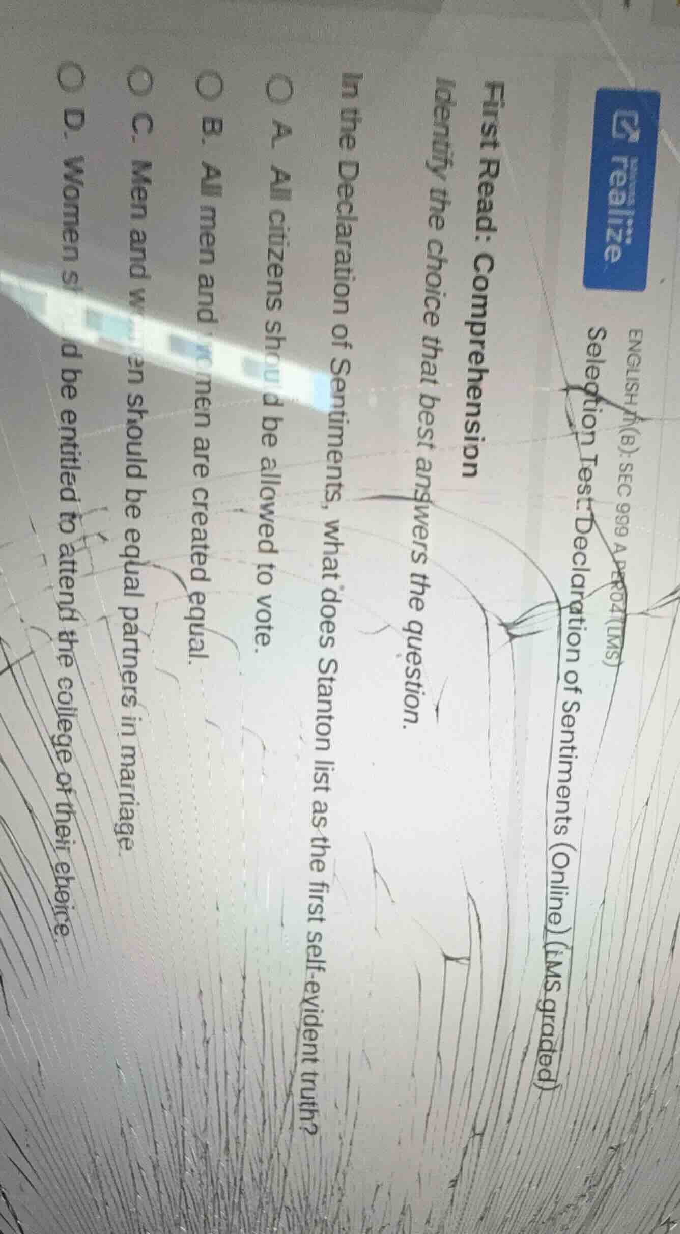 first read: comprehension identify the choice that best answers the que…