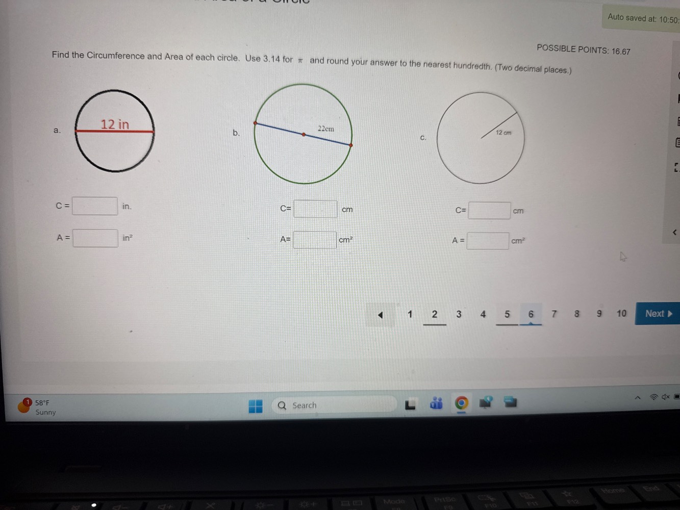 find the circumference and area of each circle. use 3.14 for \\( \\pi \…