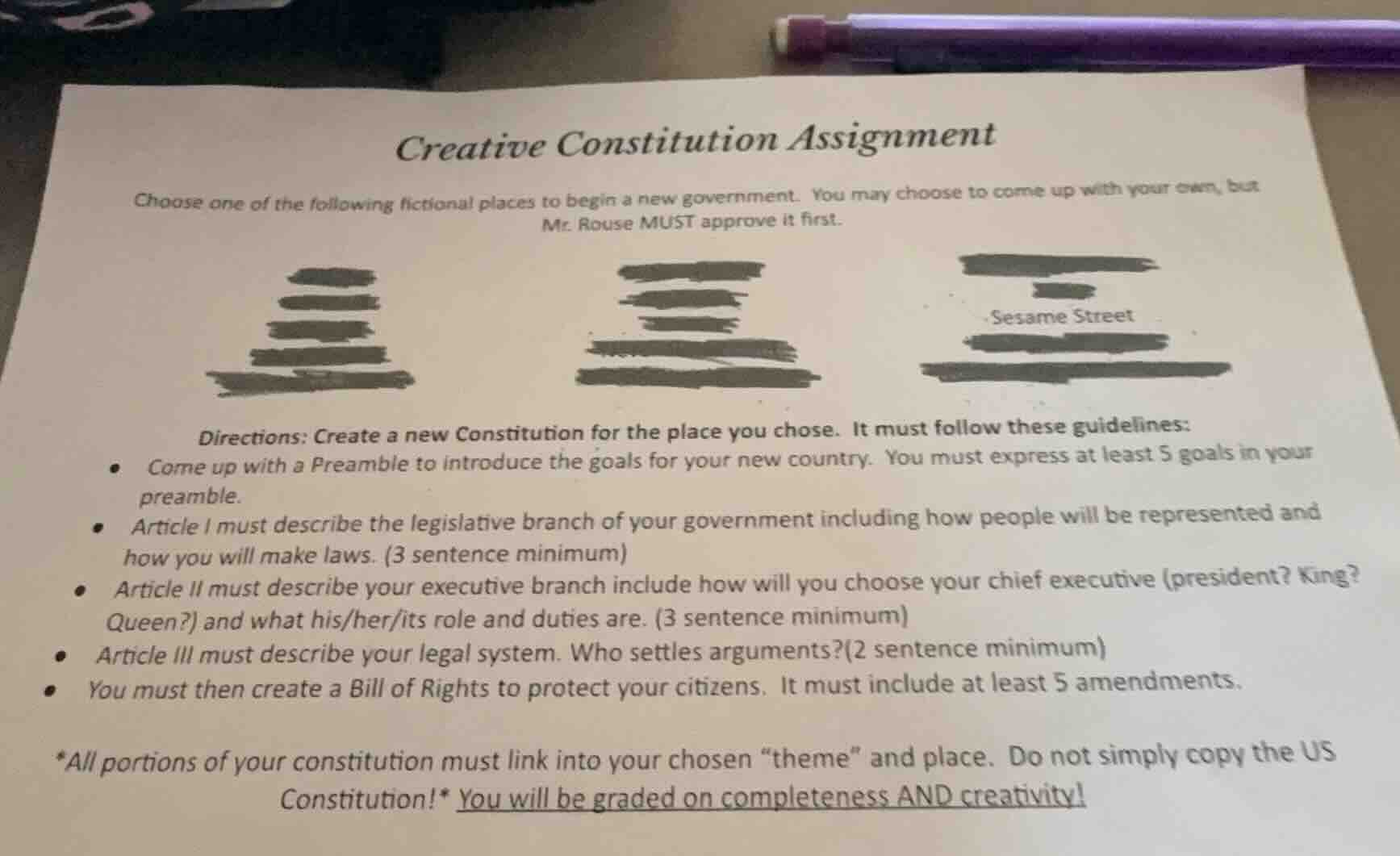 creative constitution assignment choose one of the following fictional …