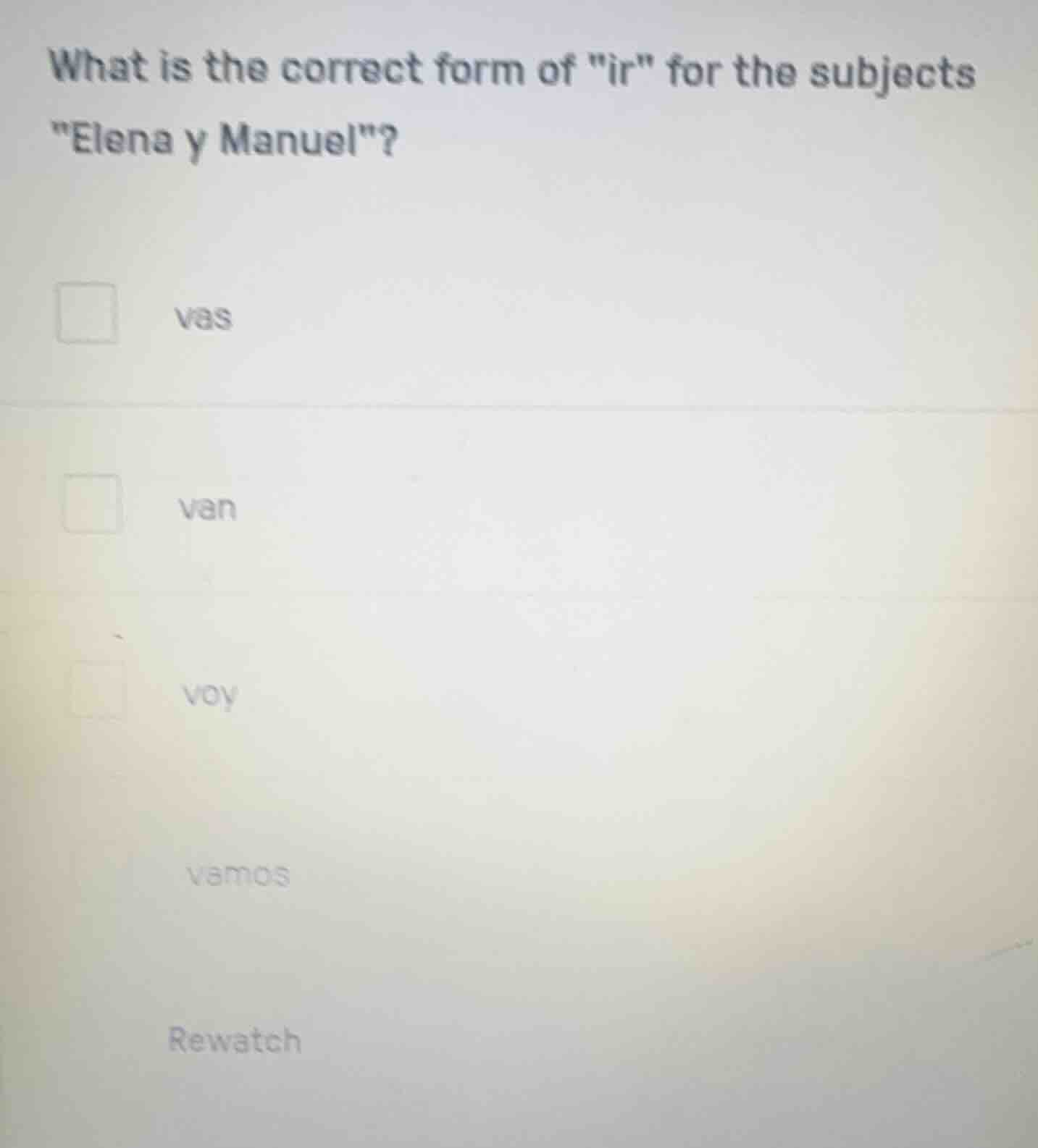 what is the correct form of \ir\ for the subjects \elena y manuel\? vas…