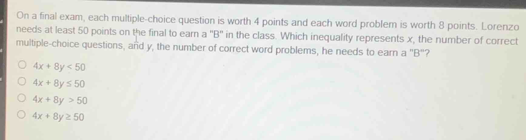 on a final exam, each multiple-choice question is worth 4 points and ea…